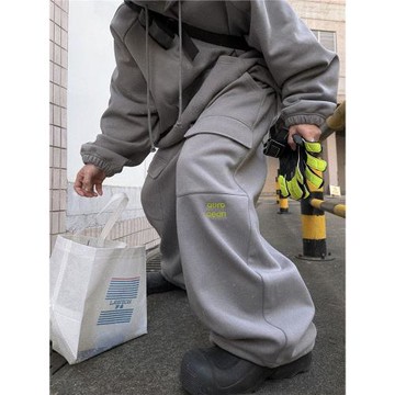 Aurocean 撞色刺繡加絨衛褲 定染銀灰色500克親膚絨保暖休閑褲