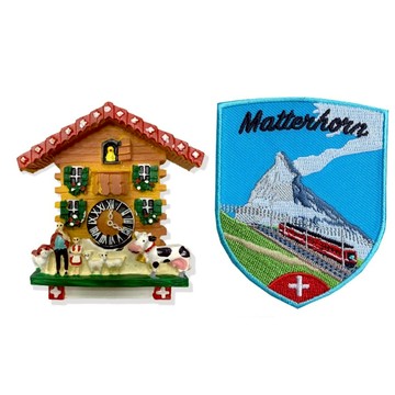 造型布貼＋磁鐵【2件組】瑞士奶牛羊咕咕鐘紀念磁鐵＋馬特洪峰 （小火車） 燙布貼 特色3D磁鐵 創意地標 立體冰箱貼 _廠商直送