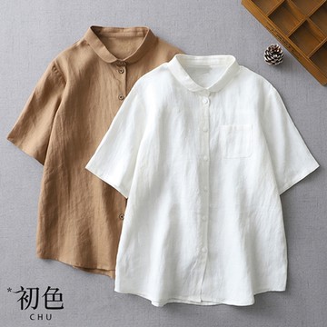 初色 棉麻風純色翻領短袖襯衫上衣-共2色-32889(M-2XL可選)