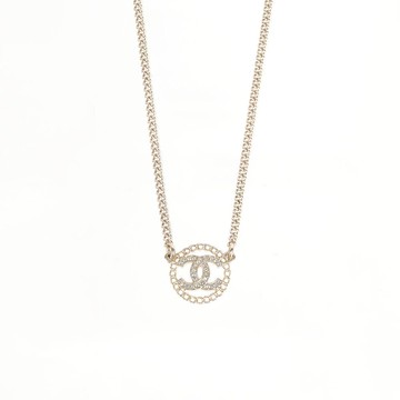 CHANEL CC Logo 水鑽及圓形鏤空造型項鍊(金色)
