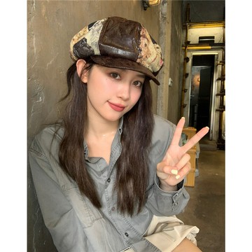 藝術感復古小狗圖案拼接pu皮八角帽女秋冬街頭顯臉小八角貝雷帽潮