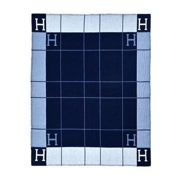 Hermes 愛馬仕 Avalon III H方格直紋羊毛絨毯(淺米/藍)