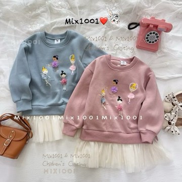 🌈✨mix1001 厚🔥磨毛 芭蕾舞女孩拼接網紗上衣✨兒童舞蹈女孩印圖小花上衣 5-17