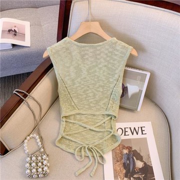 純欲風辣妹背心女小個子設計感后背系帶鏤空小衫薄荷曼波無袖上衣