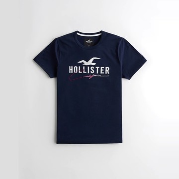 Hollister 經典刺繡大海鷗文字短袖T恤-深藍色