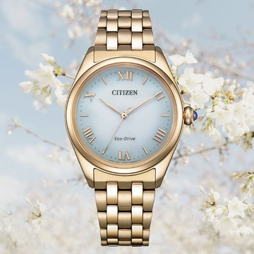 CITIZEN 星辰 L系列 光動能 球面藍寶石玻璃 淑女腕錶-淡金 EM1143-81X