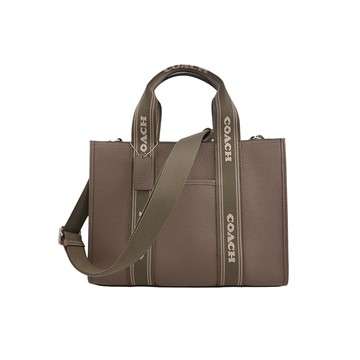 COACH LOGO織帶灰石色荔枝紋皮革手提/斜背立體方包(大款)