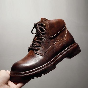 復古加絨真皮中幫厚底休閑馬丁靴