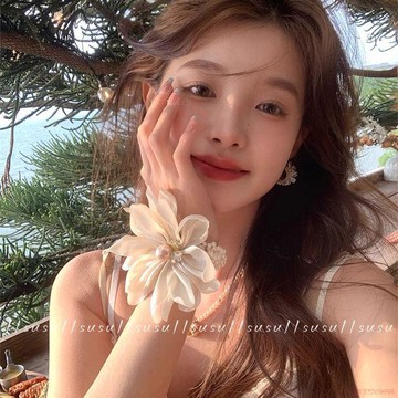 桃園出貨✨susu韓系ins風精緻白色花朵珍珠大腸髮圈少女側邊低馬尾扎頭髮繩