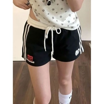 現貨【 𝑭𝒍𝒐𝒘𝒆𝒓𝒔𝒆𝒂】美式復古條紋拚接運動短褲女 撞色 高腰短褲 寬鬆短褲 休閒短褲 鬆緊短褲 夏天短褲 短褲 女