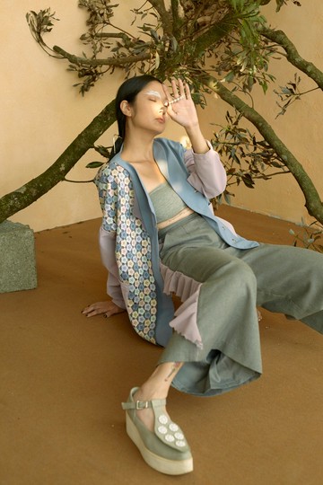 GELÉE 剪影輪廓雪紡波浪拼接九分寬褲