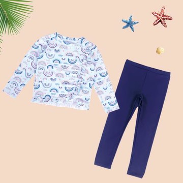 小可折扣  兒童分體泳衣可愛女童游泳套裝夏防曬長袖沖浪長款泳褲