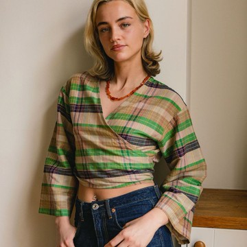 V領綁帶交叉上衣 - 格紋