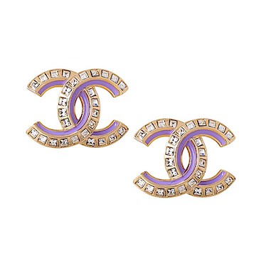 CHANEL 水鑽雙C 雙色造型耳環(薰衣草紫)
