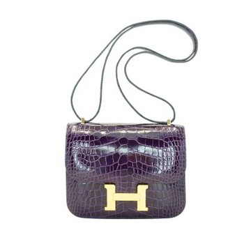 二手品 Hermes 愛馬仕 Cinstance 18 紫水晶亮面鱷魚皮肩背包(9G紫/金釦)