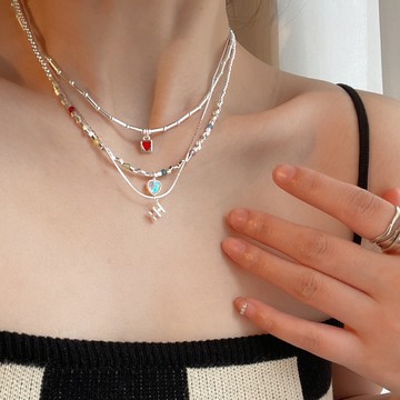4.28小寶925銀小紅心鎖頭竹節鏈月光琉璃愛心字母H項鏈女小眾時尚