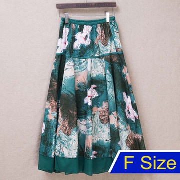 [韓國K.W.]度假風束縛愛戀中長款印花裙(棉麻 跳舞裙 及膝裙 中大尺寸)