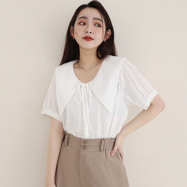 MISS.韓系尖領綁帶蕾絲短袖襯衫 中大尺碼上衣