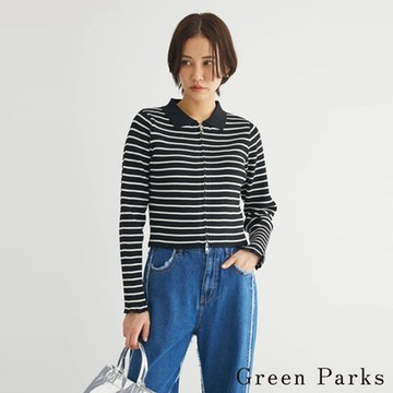 Green Parks  邊框條紋翻領拉鍊短版針織開襟衫