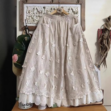 棉麻刺繡蕾絲拼接寬鬆大擺長裙574601