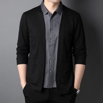 高品質春秋男士假兩件針織開衫時尚百搭襯衫領外套純色單排扣上衣