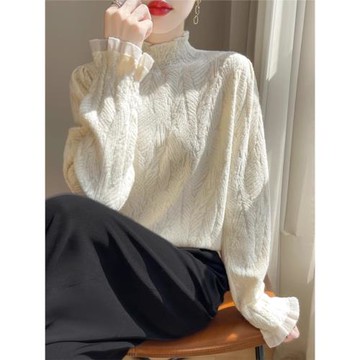 2025冬季新款小香風洋氣木耳邊針織打底衫女半高領毛衣超柔軟內搭