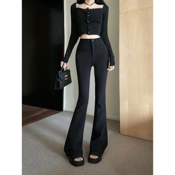 復古黑色西裝喇叭褲女裝夏季緊身彈力微喇褲百搭拖地長褲修身褲子