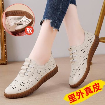 真皮一腳蹬媽媽鞋中老年舒適不累腳單鞋平底牛筋女鞋防滑軟底皮鞋