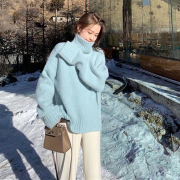 藍色高領毛衣女2025新款秋冬季加厚寬松上衣慵懶風打底針織衫外套