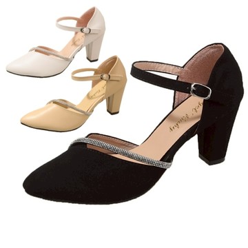 【白鳥麗子】粗跟赫本鞋 MIT優雅皮革拼接水鑽繞踝高跟包鞋 店長推薦