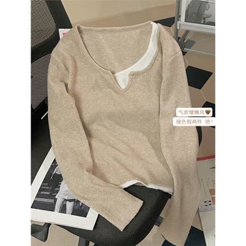 溫柔杏色ins風軟糯假兩件針織毛衣女打底衫秋裝冬季內搭ootd上衣