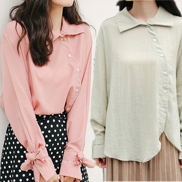 【Billgo】※現貨 不規則開襟袖綁結長袖襯衫 2色【KN71187】