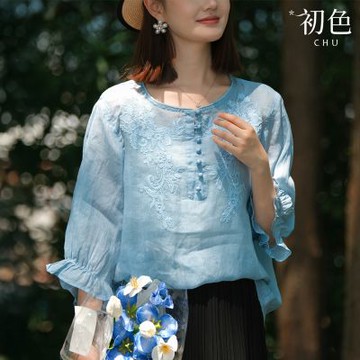 初色 純色圓領寬鬆荷葉邊七分袖刺繡休閒襯衫上衣女上衣-共4色-13740(M-3XL可選)