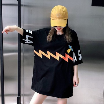 炸街閃電短袖t恤女夏寬松中長款ins潮黑色設計感小眾港風半袖上衣