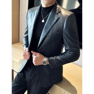 皮衣西裝外套男春秋新款高級感韓版修身帥氣商務休閑百搭西服上衣