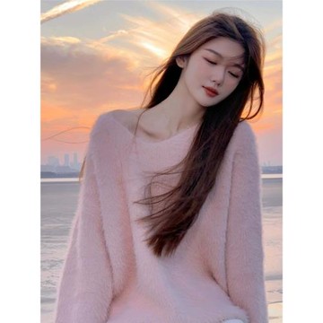 粉色毛衣女秋冬 慵懶風寬松軟糯V領套頭水貂絨溫柔氛圍感針織衫厚