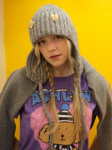 Hand-knitted Wool Blend Heart Bonnet [Grey]