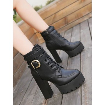 黑色粗跟短靴女百搭2022秋冬新款高跟鞋系帶馬丁靴防水臺短筒裸靴