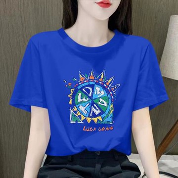 純棉字母印花藍色短袖t恤女2026新款寬松休閑減齡正肩純棉上衣ins
