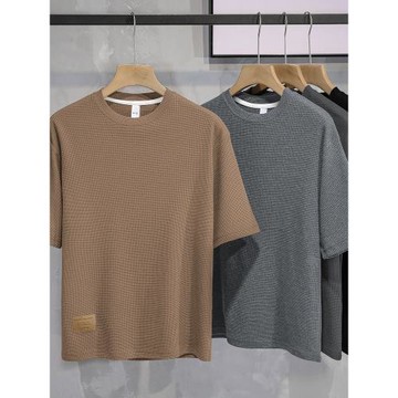 重磅華夫格t恤男短袖潮牌潮流寬松五分袖純色圓領上衣服夏季半袖