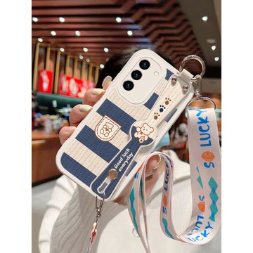 三星s21手機殼新款女s21+藍白小熊小羊皮硅膠軟殼Galaxy斜挎腕帶s21ultra全包防摔保護套s21fe簡約創意潮外殼