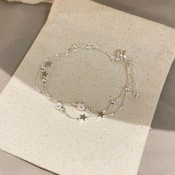 星星手鍊 銀色磨砂小圓球雙層手鍊 韓系精緻輕奢手鍊 送禮物手飾 防水 防過敏 鈦鋼手鍊 精美手鍊 學生飾品 首飾 手鏈