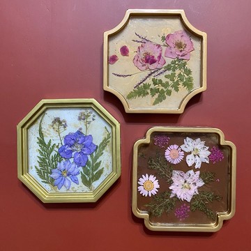 中式風格乾燥花磚杯墊