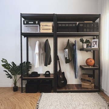 【空間特工】開放式衣櫃 90x45x210cm / 60x45x210cm 衣櫥收納架 組合衣櫃 收納衣櫥 掛衣架 吊衣架黑角鋼+柚木棕貼皮板