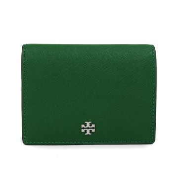 TORY BURCH EMERSON 雙T LOGO防刮皮革壓扣對開式短夾(深綠色)