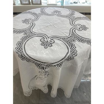 外貿老貨加大圓桌布圓茶幾茶墊西餐臺布加厚鏤空本色米色手工刺繡