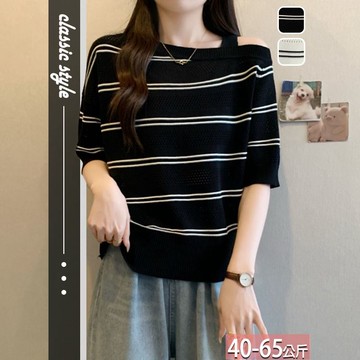 針織圓領條紋拚色鏤空單露肩上衣(2色) F【685055X】【現+預】☆流行前線☆