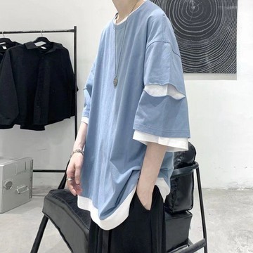【夏季上新】夏季新款短袖t恤男港風假兩件破洞半袖潮牌寬鬆潮流百搭男生體恤