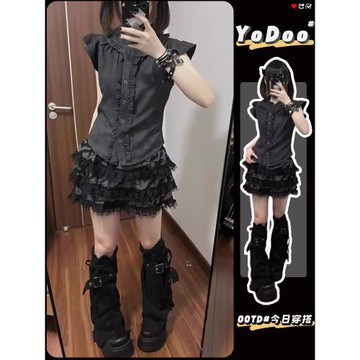 辣妹甜酷少女感亞文化y2k木耳拼接百搭短款修身襯衫黑色短裙套裝