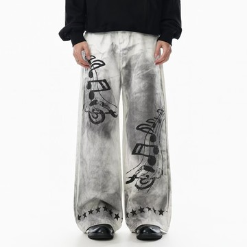 高級感復古微垮牛仔褲男美式高街塗鴉印花寬鬆小直筒長褲男